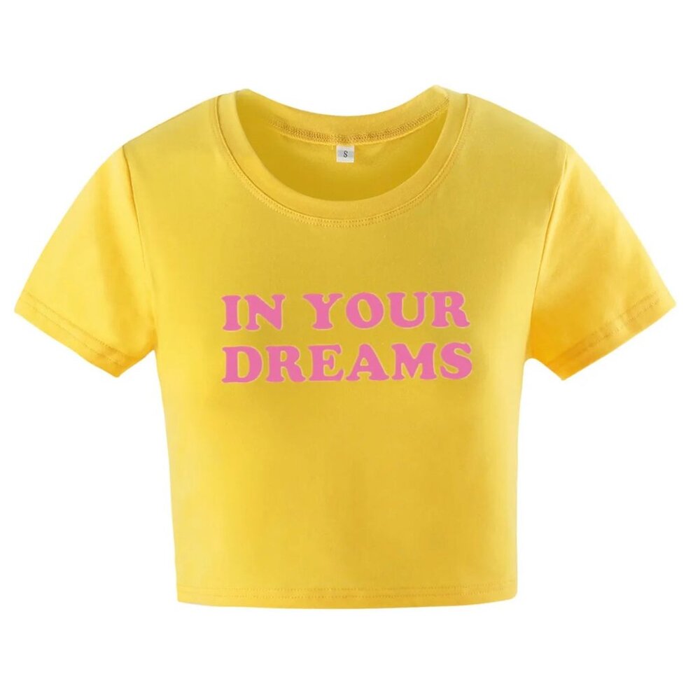 yellow crop top pink letters dreams